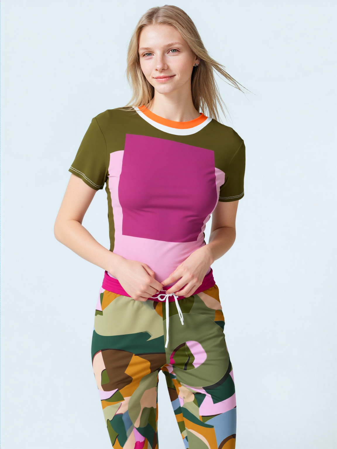 Pink Squared Geometric Print Colorful AOP Women&