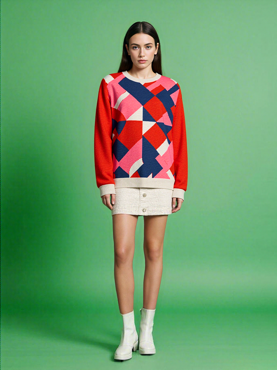 Pink Striped in Red Geo Knitted Crewneck Sweater