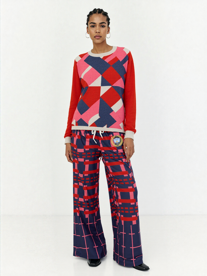 Navy and Coral Square Olympia Plaid Eco-Poly Wide Leg Pants