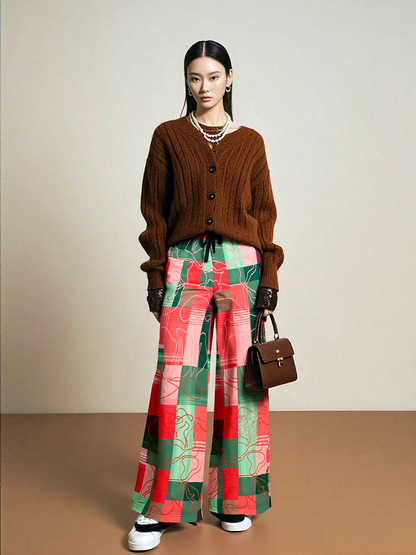 Pink Watermelon Patchwork Plaid Eco-Poly Wide Leg Pants
