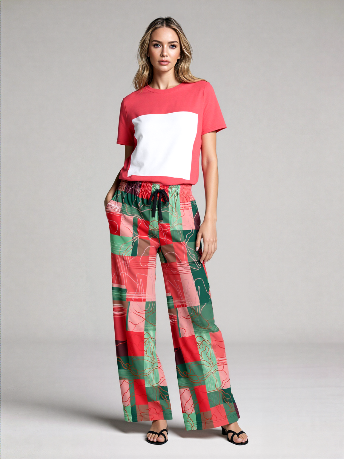 Pink Watermelon Patchwork Plaid Eco-Poly Wide Leg Pants