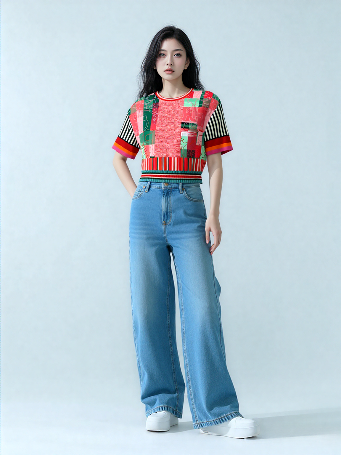 Pink Watermelon Patchwork Plaid Eco-Poly Short Sleeve Cropped Pullover