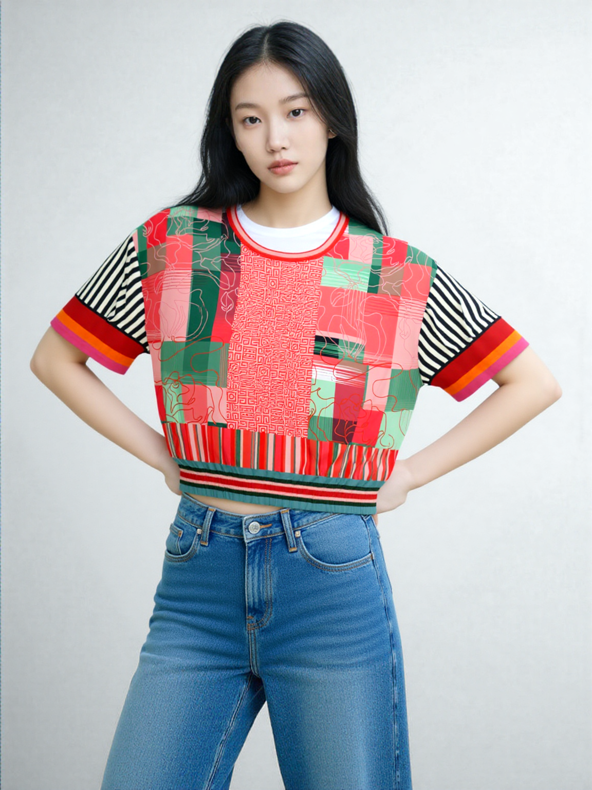 Pink Watermelon Patchwork Plaid Eco-Poly Short Sleeve Cropped Pullover