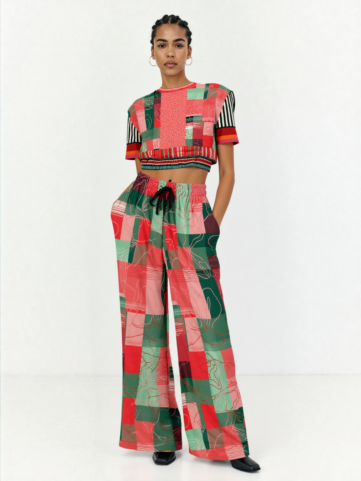 Pink Watermelon Patchwork Plaid Eco-Poly Short Sleeve Cropped Pullover