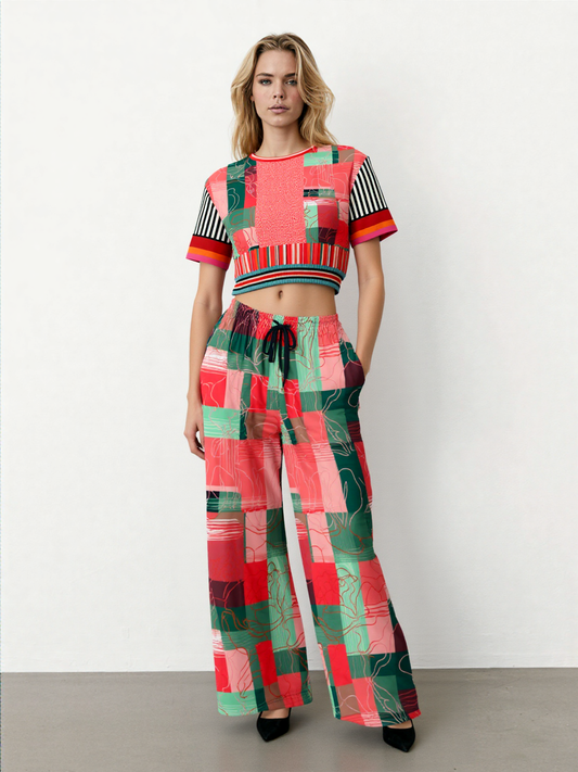 Pink Watermelon Patchwork Plaid Eco-Poly Short Sleeve Cropped Pullover