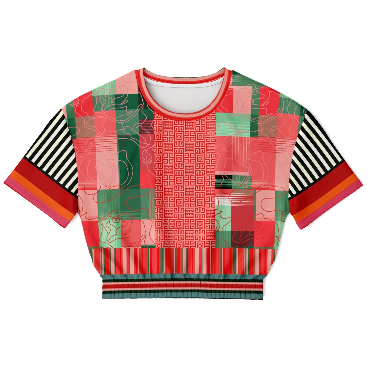 Pink Watermelon Patchwork Plaid Eco-Poly Short Sleeve Cropped Pullover