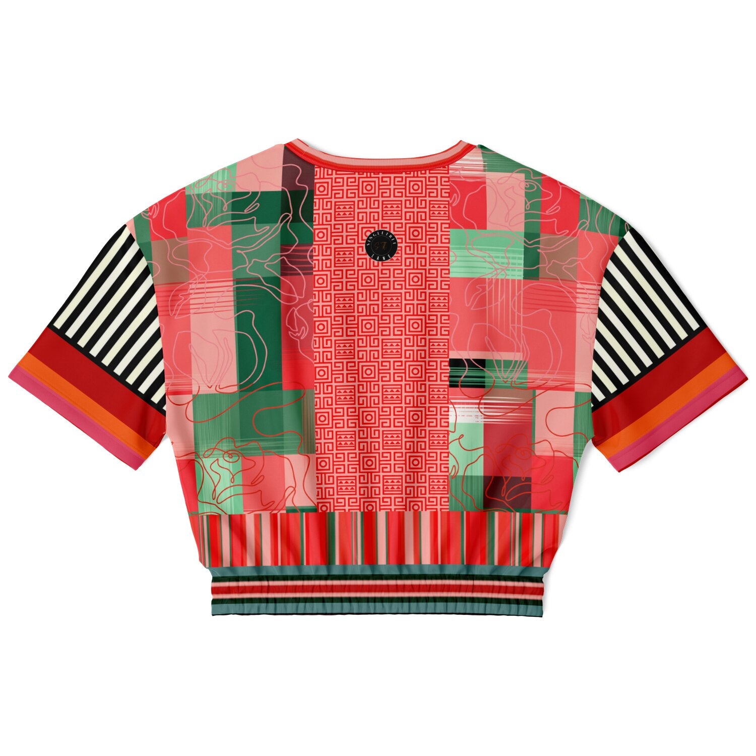 Pink Watermelon Patchwork Plaid Eco-Poly Short Sleeve Cropped Pullover