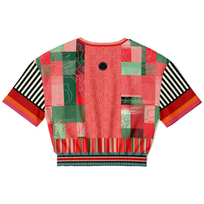 Pink Watermelon Patchwork Plaid Eco-Poly Short Sleeve Cropped Pullover