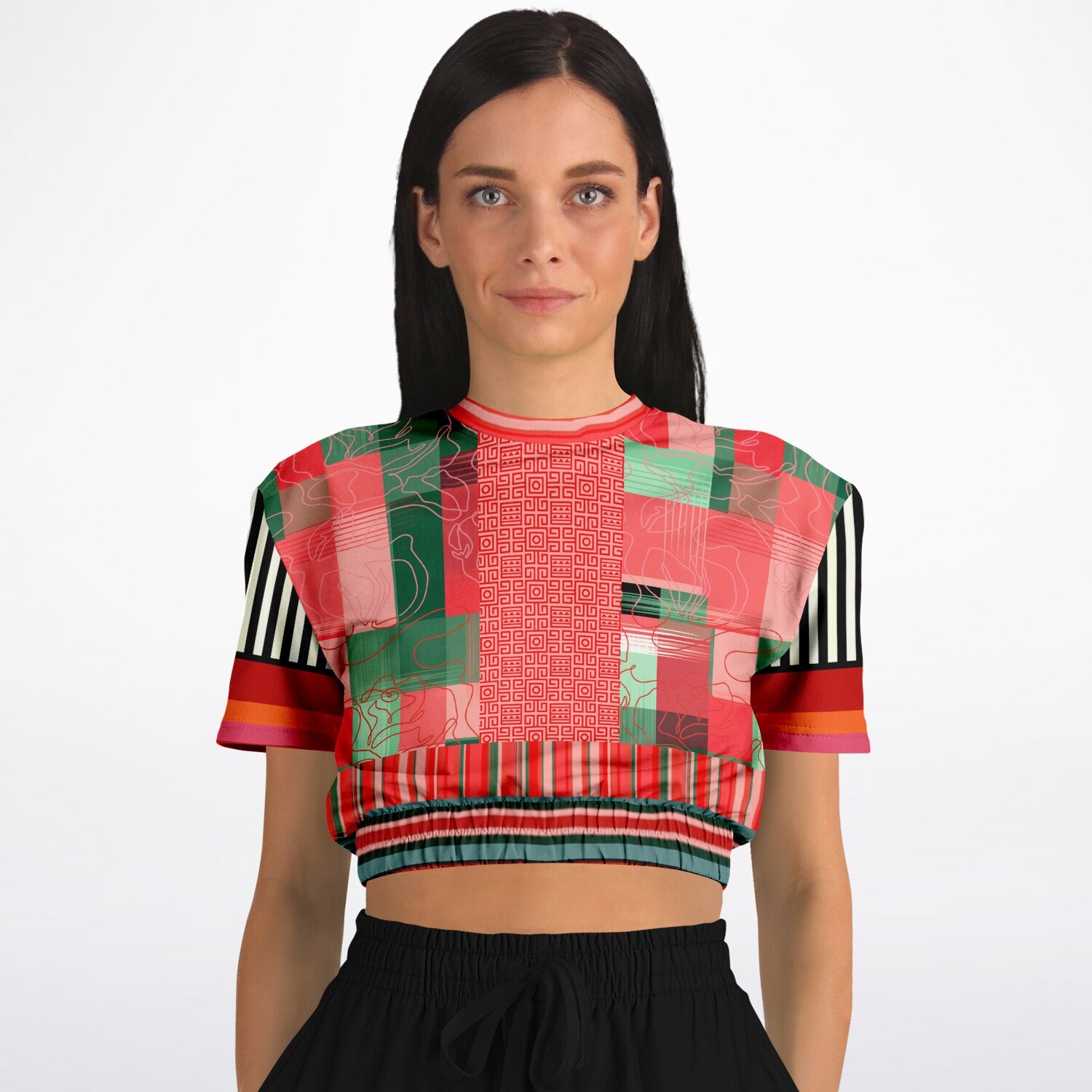 Pink Watermelon Patchwork Plaid Eco-Poly Short Sleeve Cropped Pullover