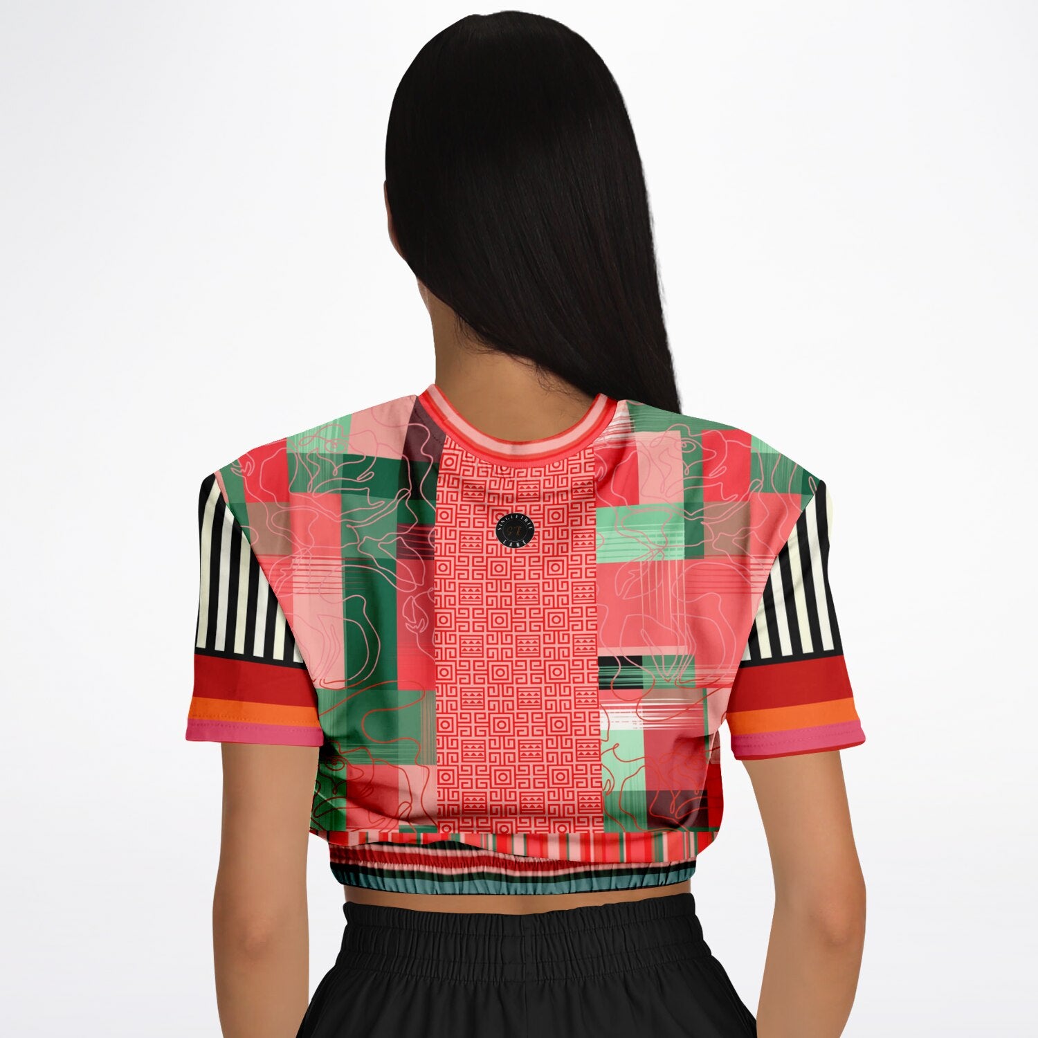 Pink Watermelon Patchwork Plaid Eco-Poly Short Sleeve Cropped Pullover