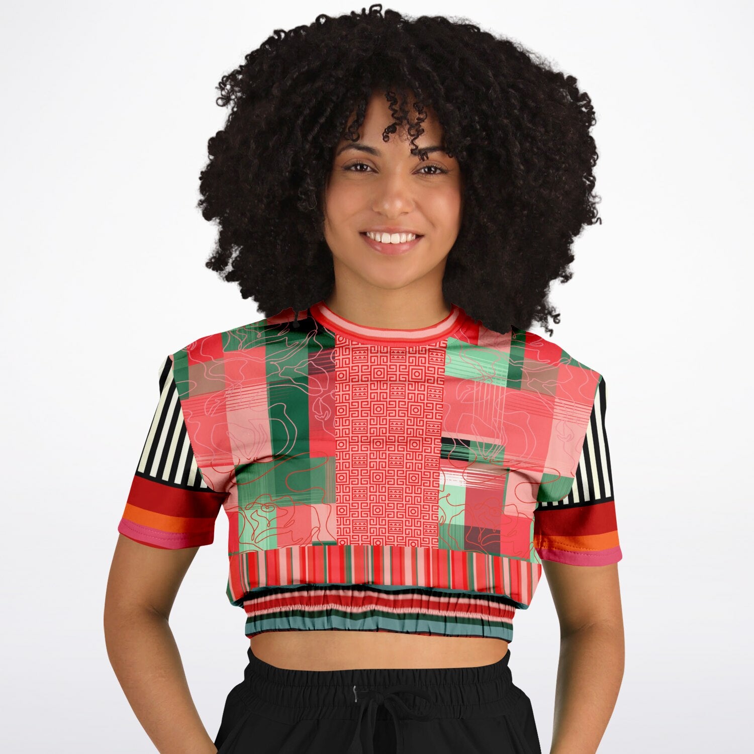 Pink Watermelon Patchwork Plaid Eco-Poly Short Sleeve Cropped Pullover