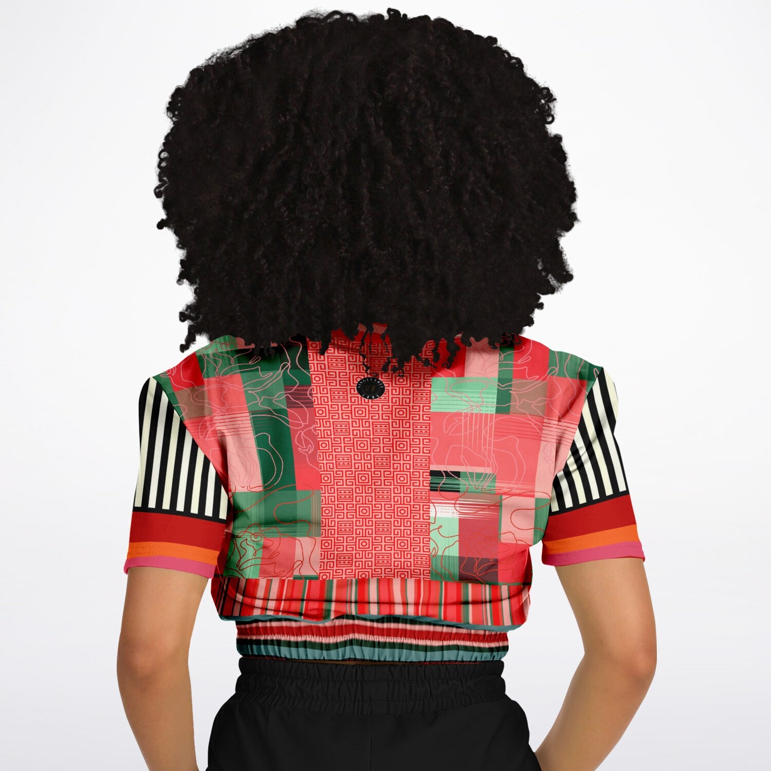 Pink Watermelon Patchwork Plaid Eco-Poly Short Sleeve Cropped Pullover
