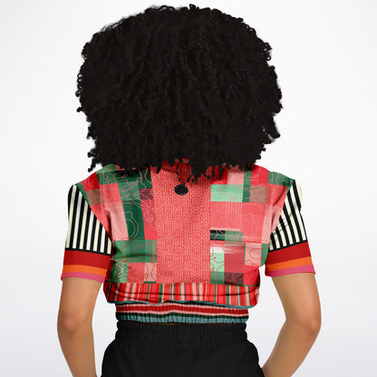 Pink Watermelon Patchwork Plaid Eco-Poly Short Sleeve Cropped Pullover