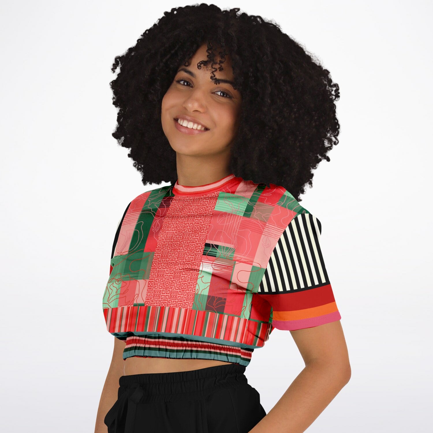 Pink Watermelon Patchwork Plaid Eco-Poly Short Sleeve Cropped Pullover