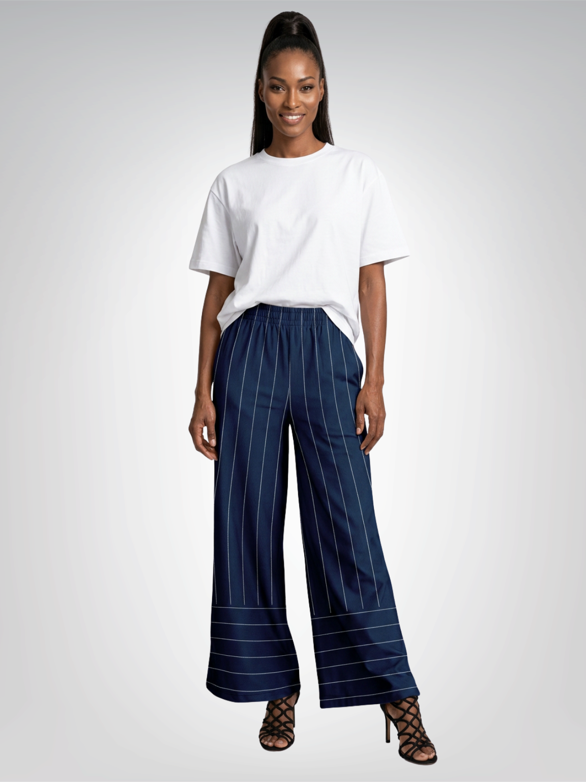 Pinstripes in Blue and White Eco-Poly Wide Leg Pants