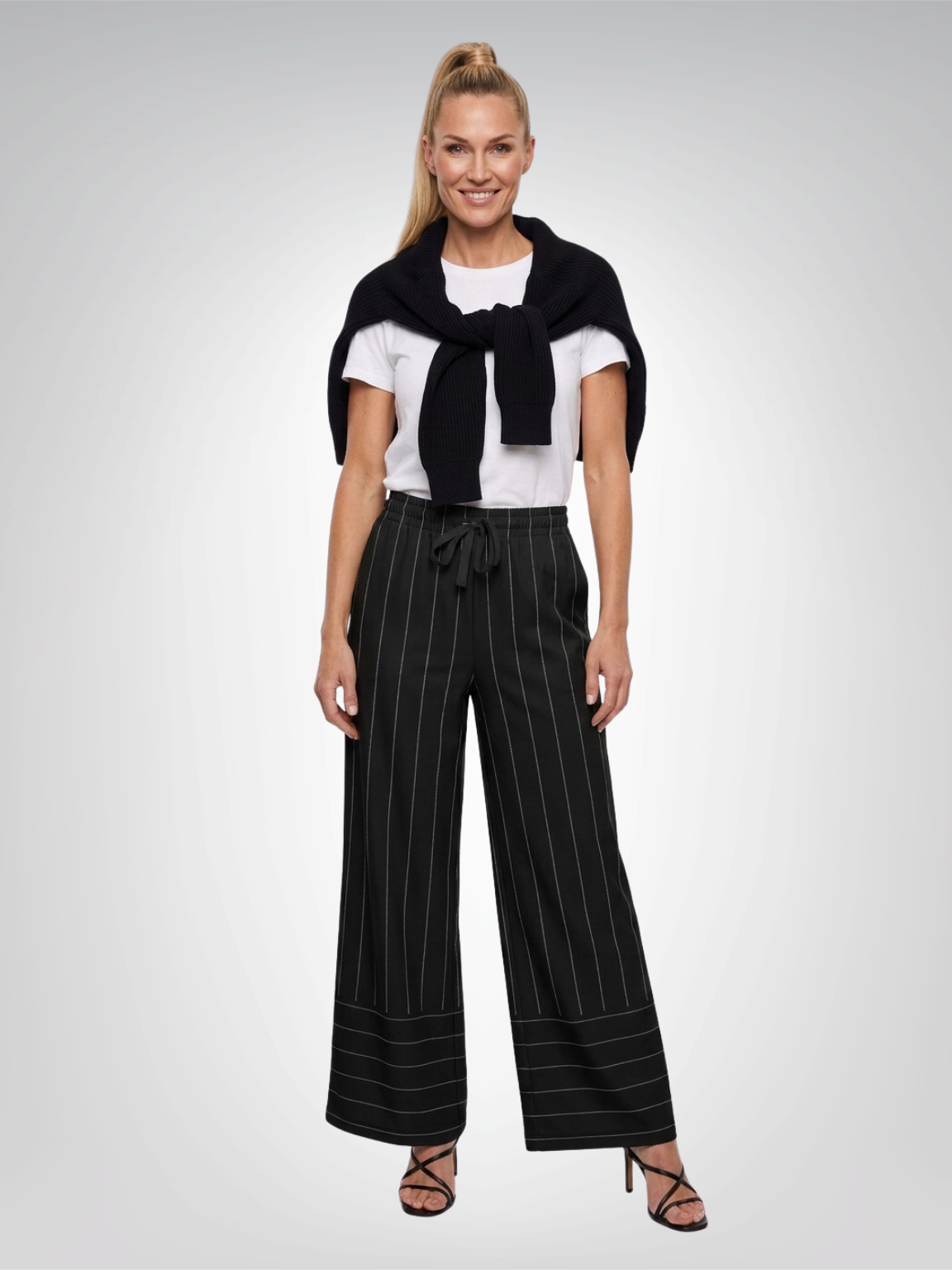Pinstripes in Ebony &amp; Smoke Eco-Poly Wide Leg Pants