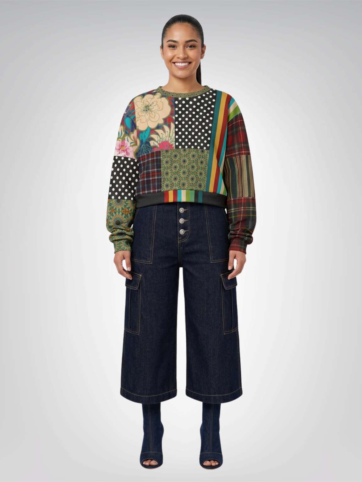 Plaid About Flowers Patchwork Cropped Sweatshirt (Gold Label)