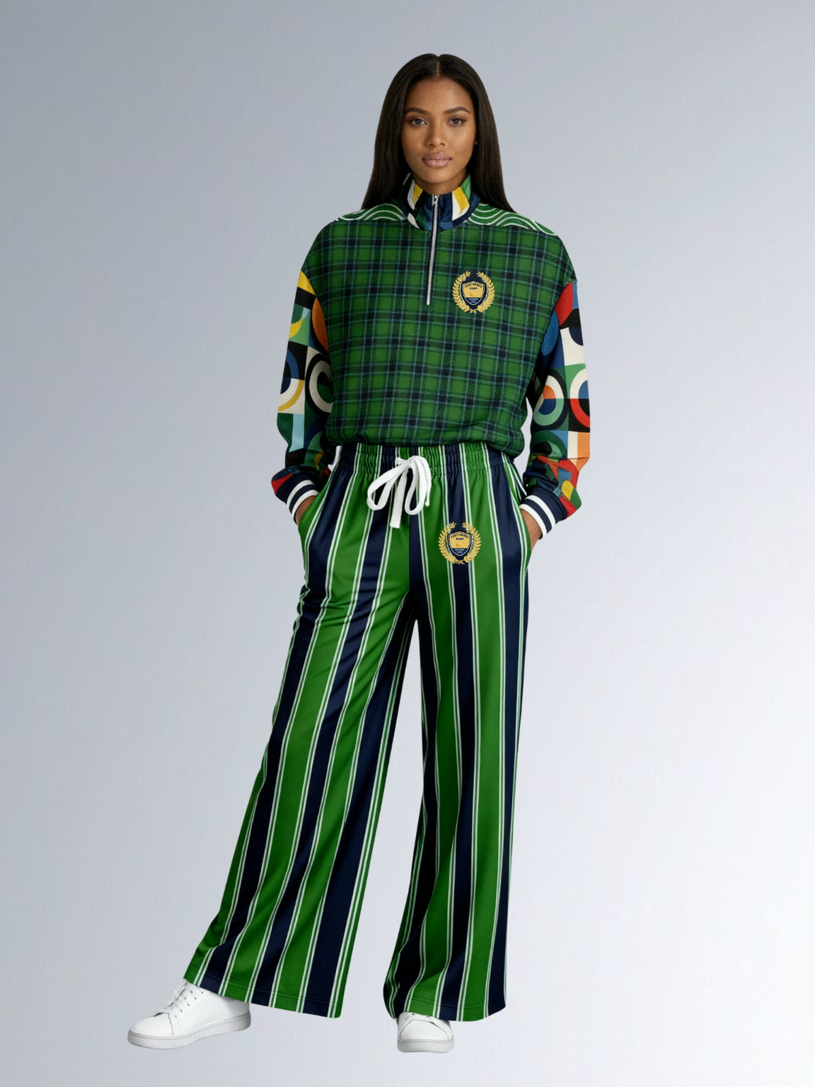 Wimbledon Regal Stripe in Green and Blue Eco-Poly Wide Leg Pants