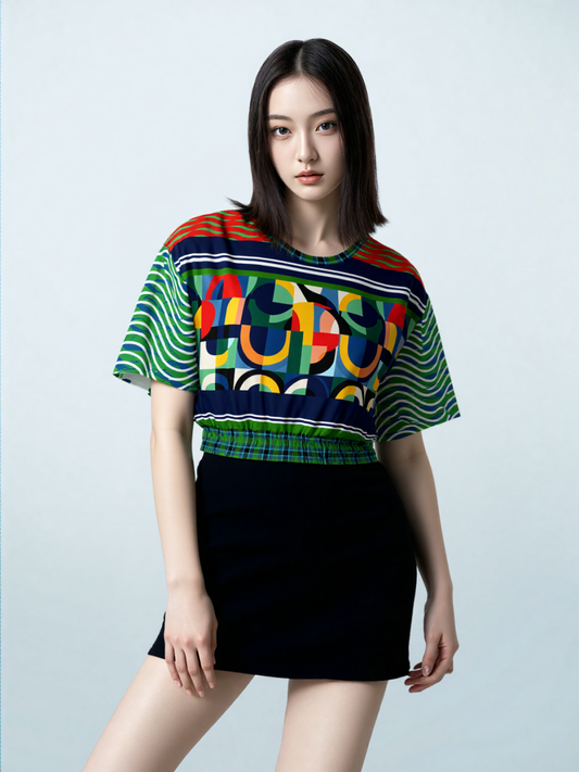 Plain Is Not My Vibe Geometric Print Eco-Poly Short Sleeve Cropped Pullover