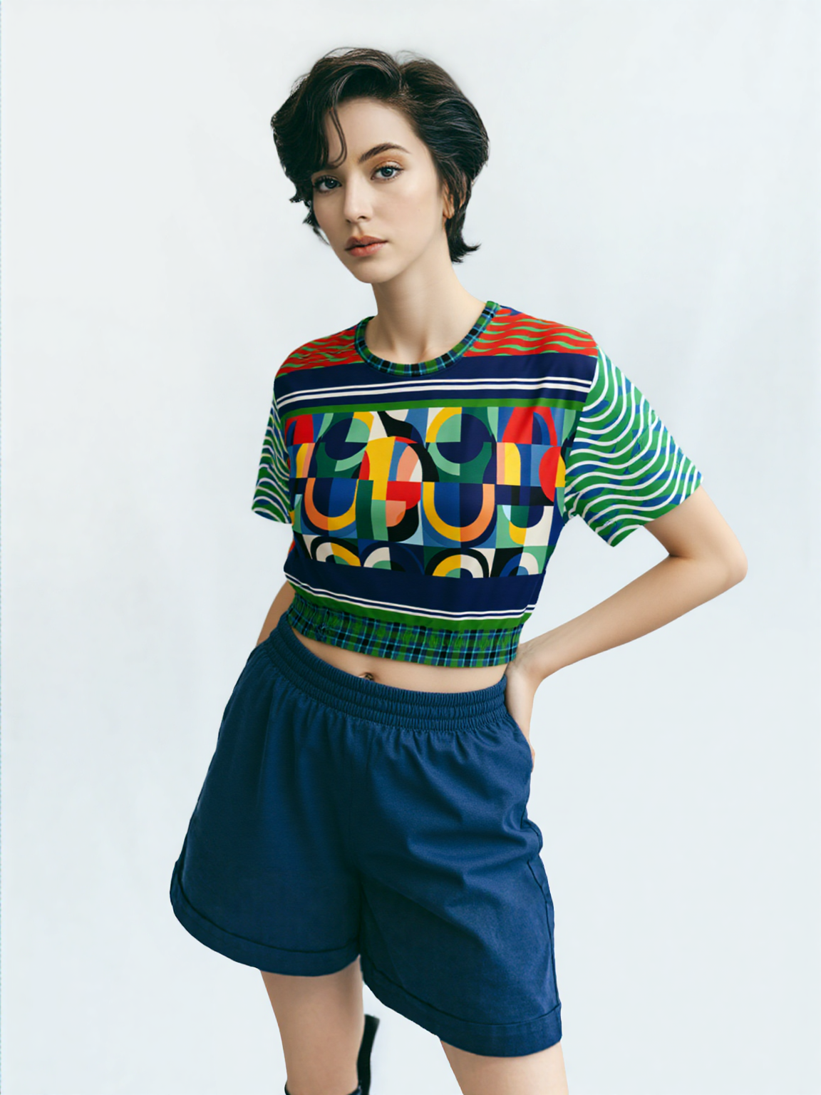 Plain Is Not My Vibe Geometric Print Eco-Poly Short Sleeve Cropped Pullover