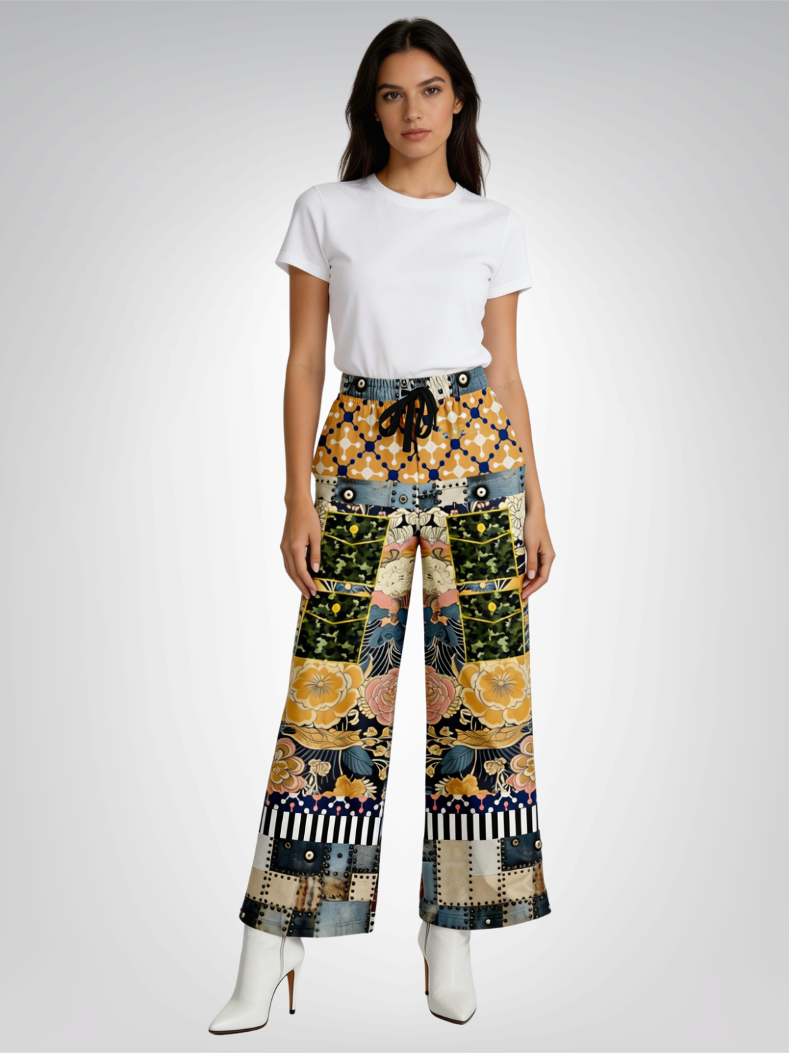 Playing Jax in Marigold Abstract Geo Eco-Poly Wide Leg Pants