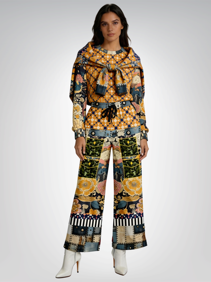 Playing Jax in Marigold Abstract Geo Eco-Poly Wide Leg Pants