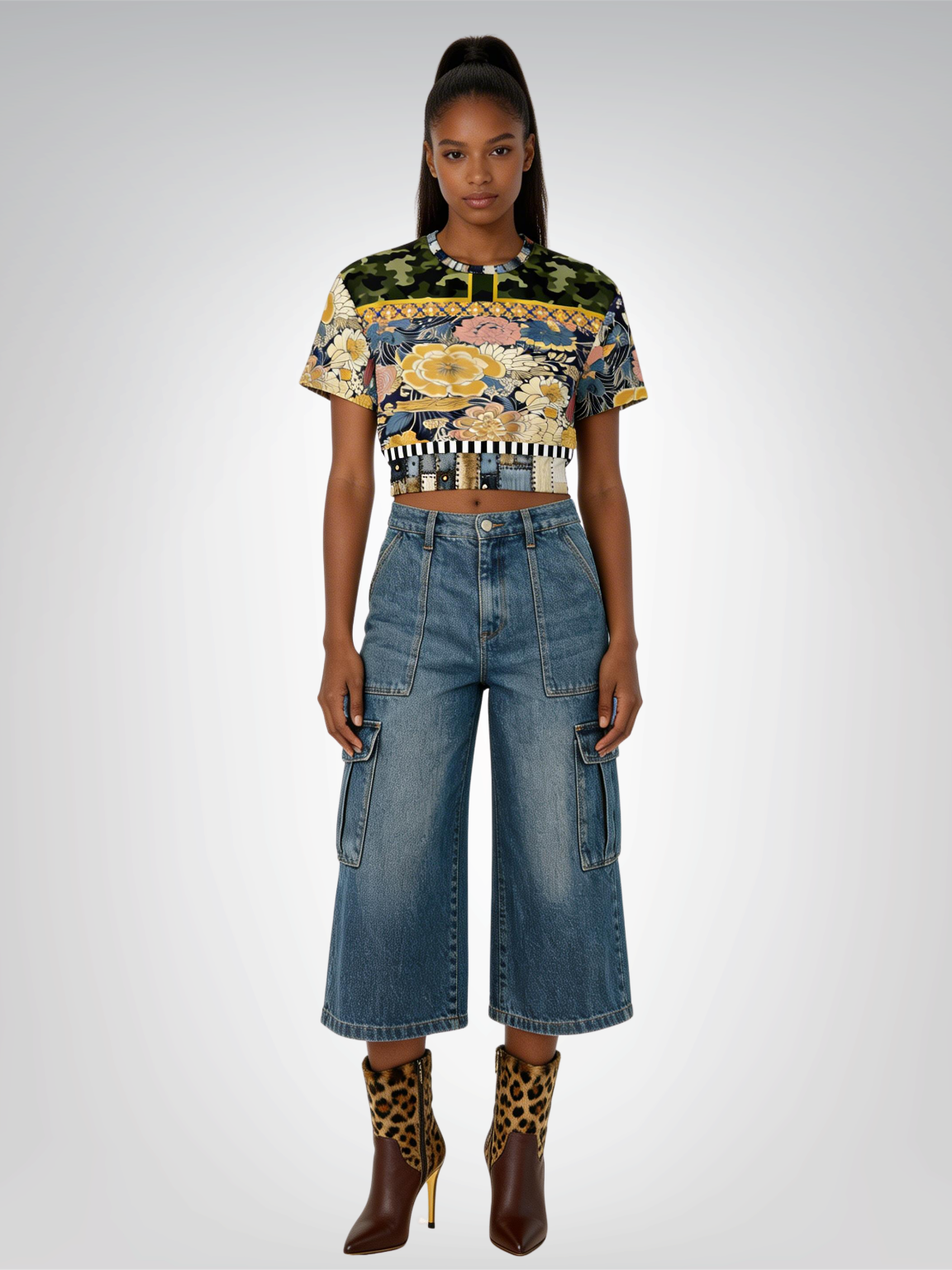 Playing Jax in Marigold Floral Eco-Poly Short Sleeve Cropped Pullover