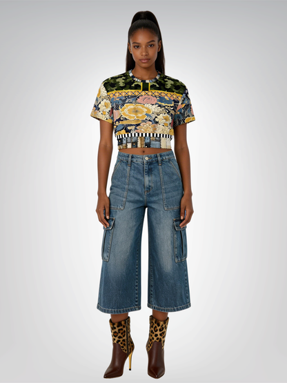 Playing Jax in Marigold Floral Eco-Poly Short Sleeve Cropped Pullover