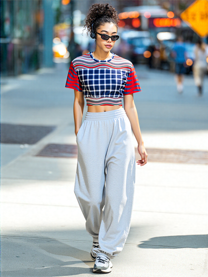 Polyamory in Red and Blue Wavy Stripes Eco-Poly Short Sleeve Cropped Pullover