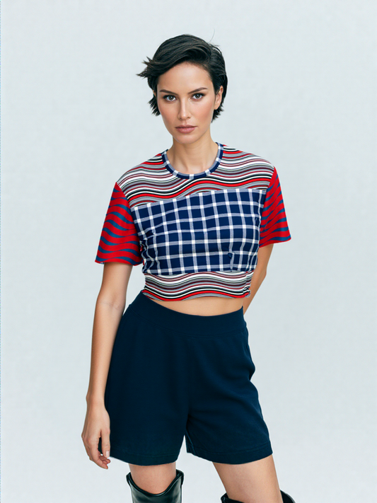 Polyamory in Red and Blue Wavy Stripes Eco-Poly Short Sleeve Cropped Pullover