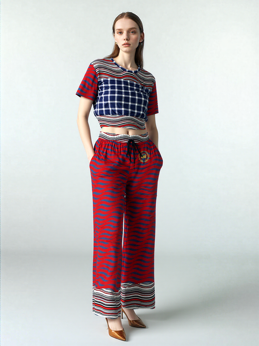 Polyamory in Red and Blue Wavy Stripes Eco-Poly  Eco-Poly Wide Leg Pants