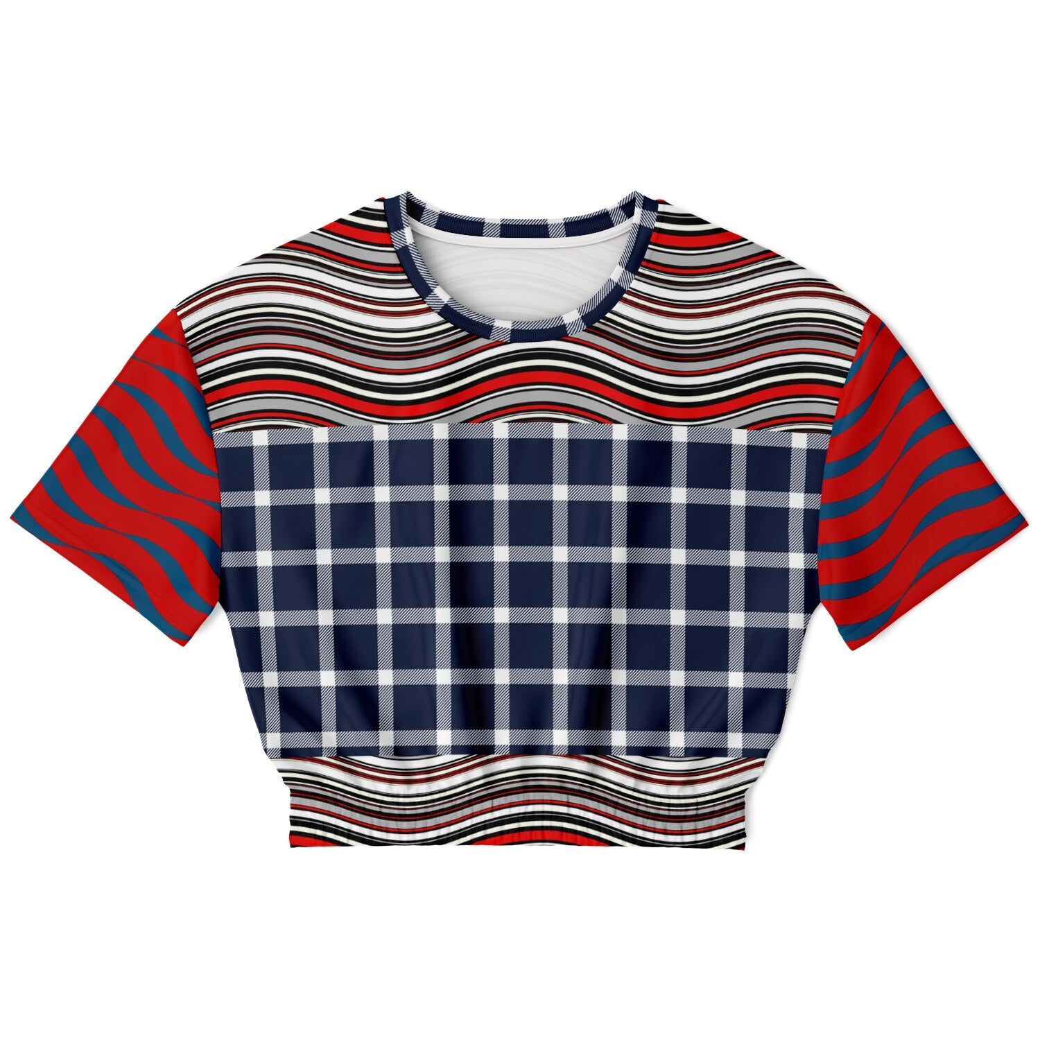 Polyamory in Red and Blue Wavy Stripes Eco-Poly Short Sleeve Cropped Pullover