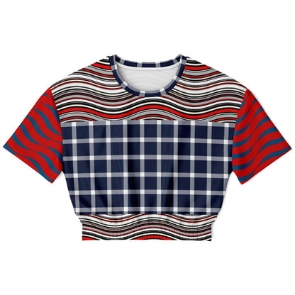 Polyamory in Red and Blue Wavy Stripes Eco-Poly Short Sleeve Cropped Pullover