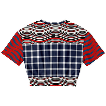 Polyamory in Red and Blue Wavy Stripes Eco-Poly Short Sleeve Cropped Pullover