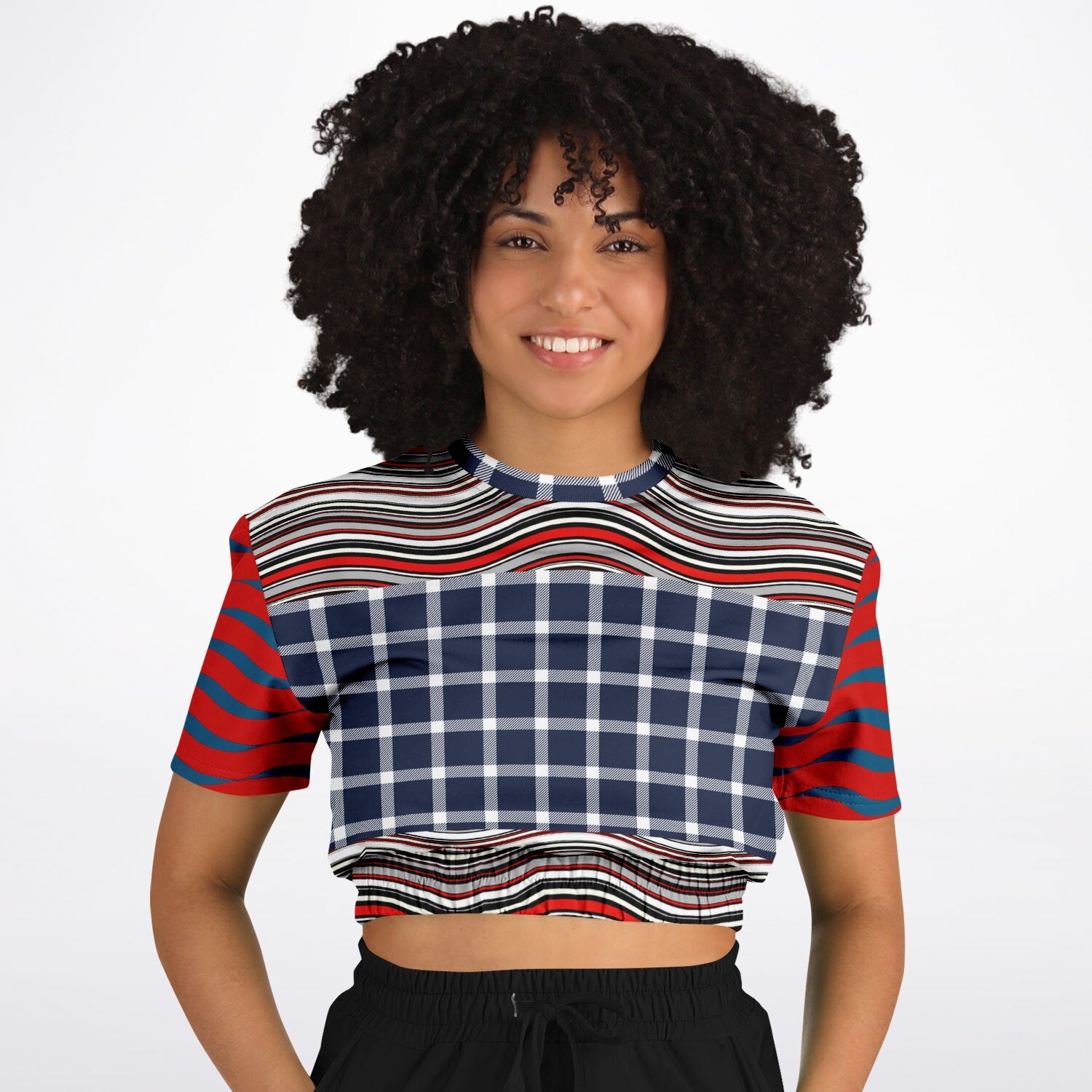Polyamory in Red and Blue Wavy Stripes Eco-Poly Short Sleeve Cropped Pullover