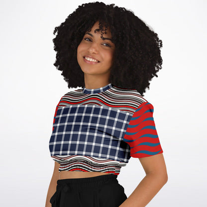 Polyamory in Red and Blue Wavy Stripes Eco-Poly Short Sleeve Cropped Pullover