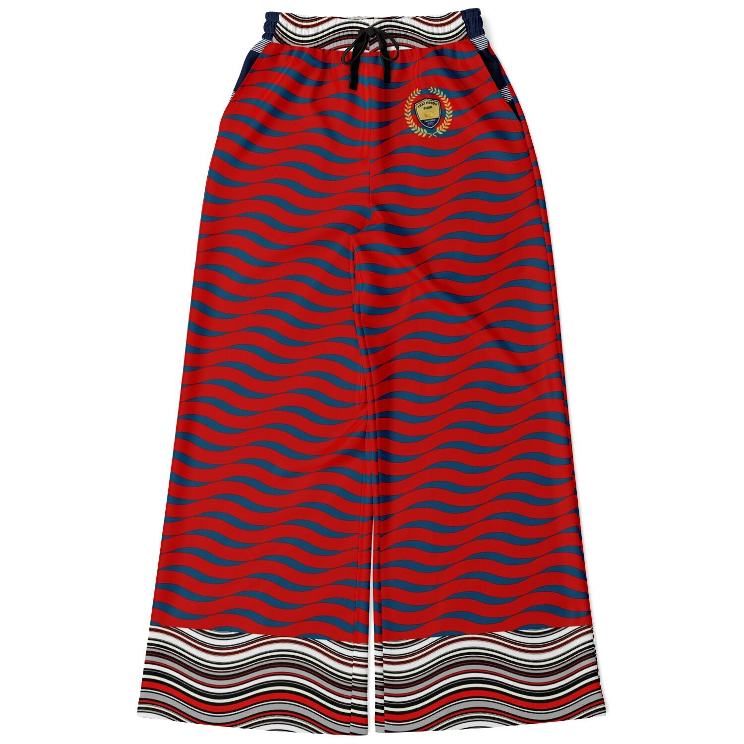 Polyamory in Red and Blue Wavy Stripes Eco-Poly  Eco-Poly Wide Leg Pants