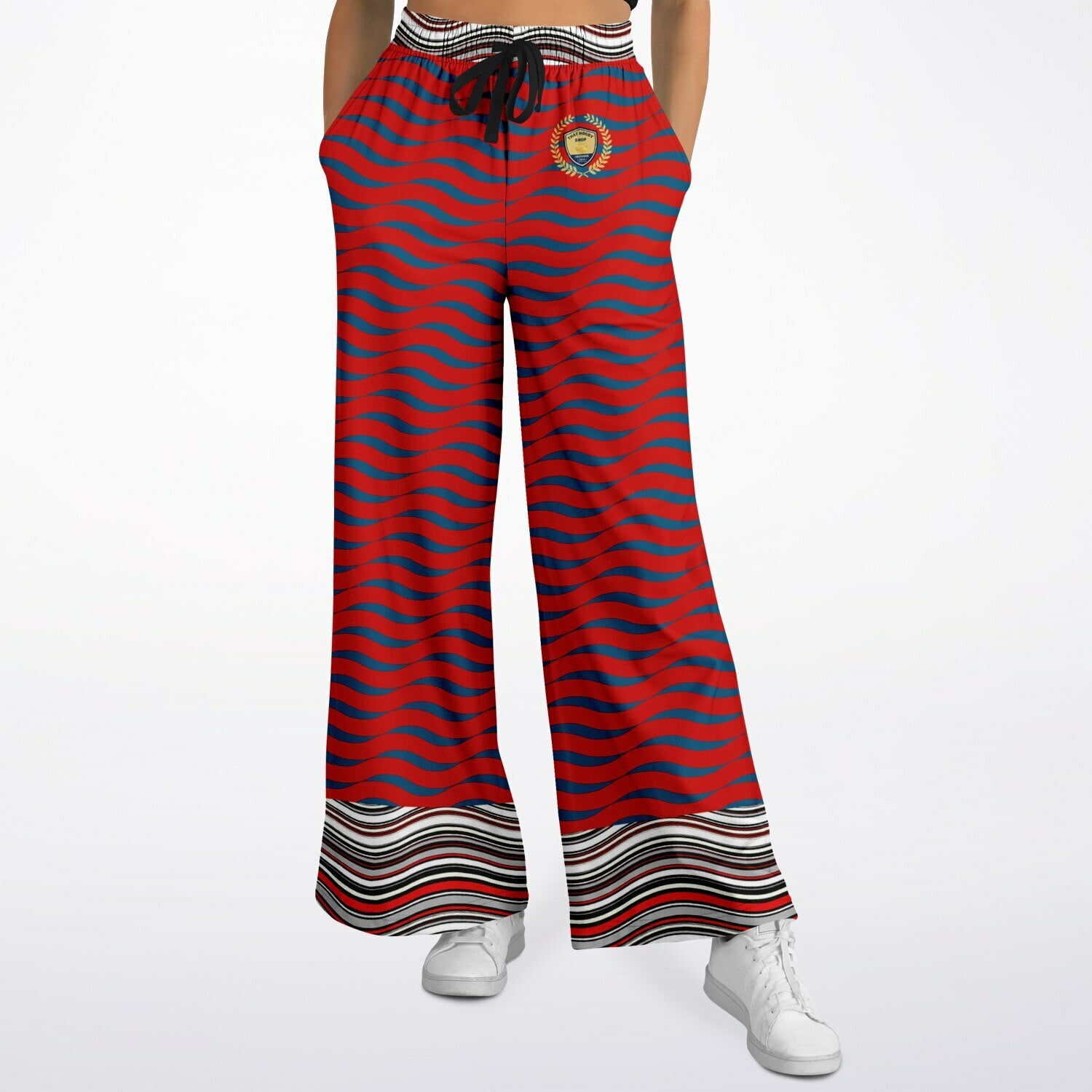 Polyamory in Red and Blue Wavy Stripes Eco-Poly  Eco-Poly Wide Leg Pants