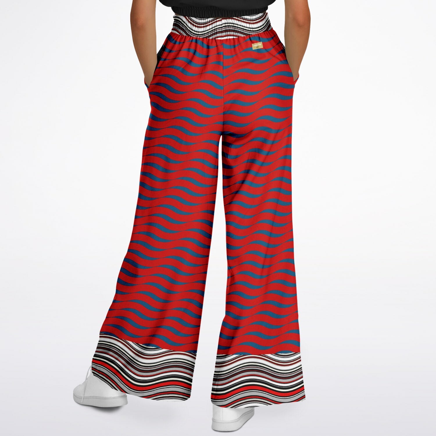 Polyamory in Red and Blue Wavy Stripes Eco-Poly  Eco-Poly Wide Leg Pants