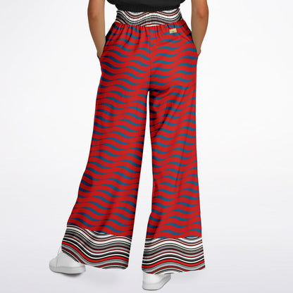 Polyamory in Red and Blue Wavy Stripes Eco-Poly  Eco-Poly Wide Leg Pants