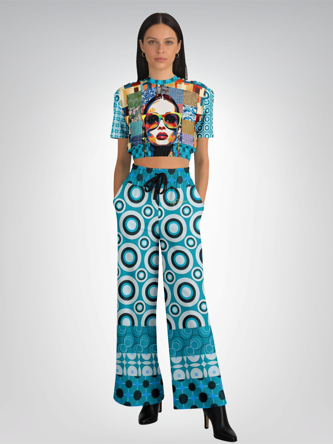 Popstar in Patchwork Circles Eco-Poly Wide Leg Pants