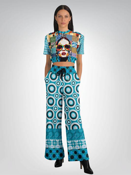 Popstar in Patchwork Circles Eco-Poly Wide Leg Pants