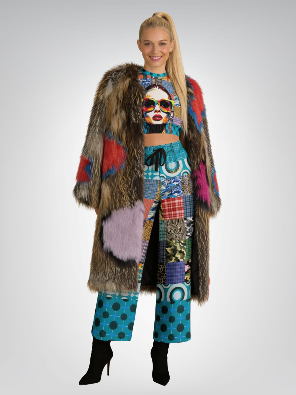 Popstar in Patchwork Fantasy Eco-Poly Short Sleeve Cropped Pullover