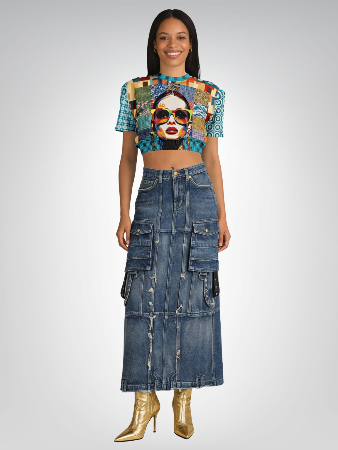 Popstar in Patchwork Fantasy Eco-Poly Short Sleeve Cropped Pullover