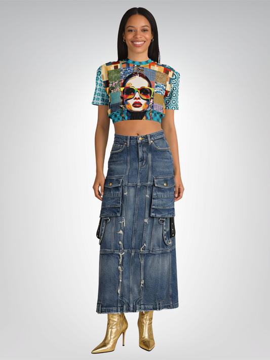 Popstar in Patchwork Fantasy Eco-Poly Short Sleeve Cropped Pullover