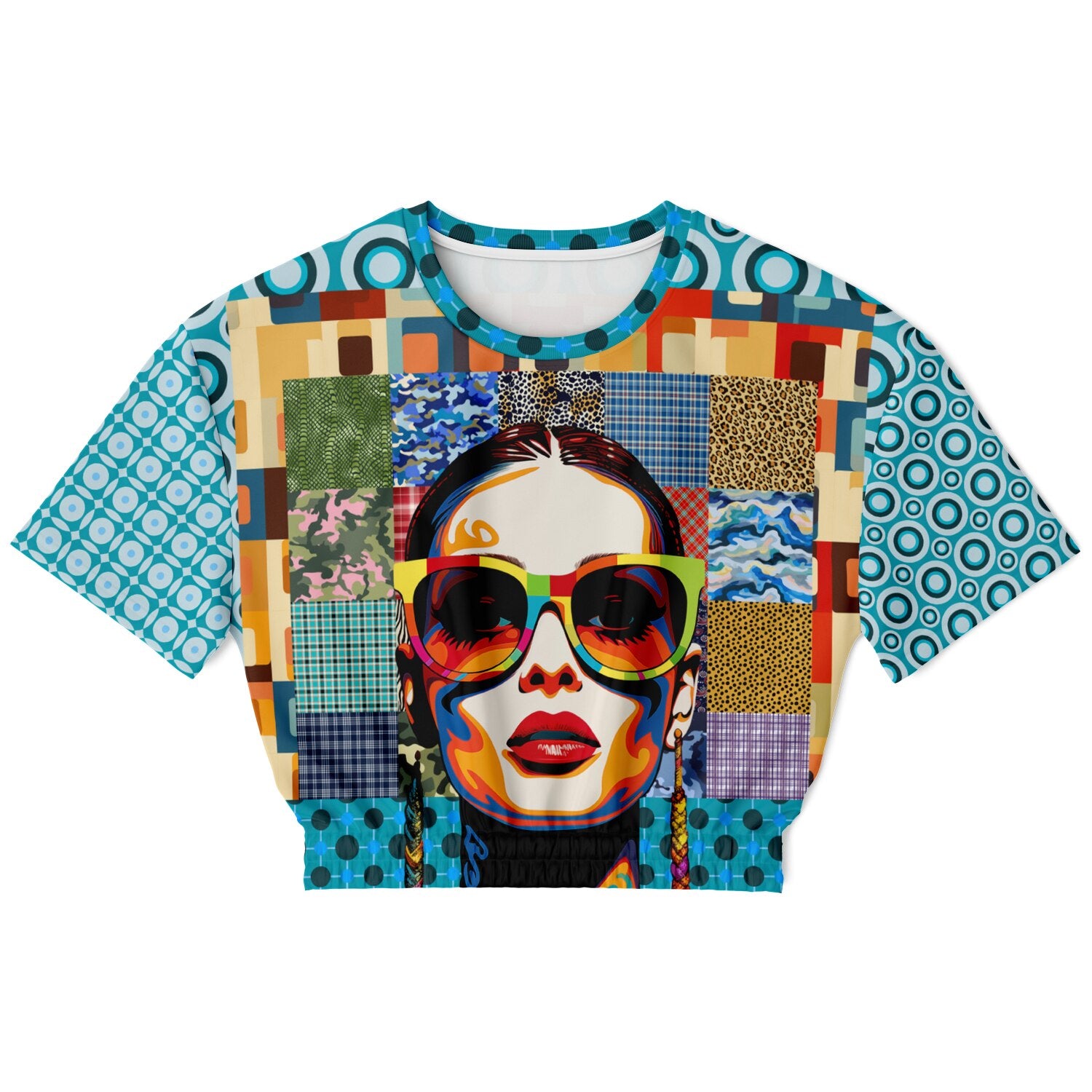 Popstar in Patchwork Fantasy Eco-Poly Short Sleeve Cropped Pullover