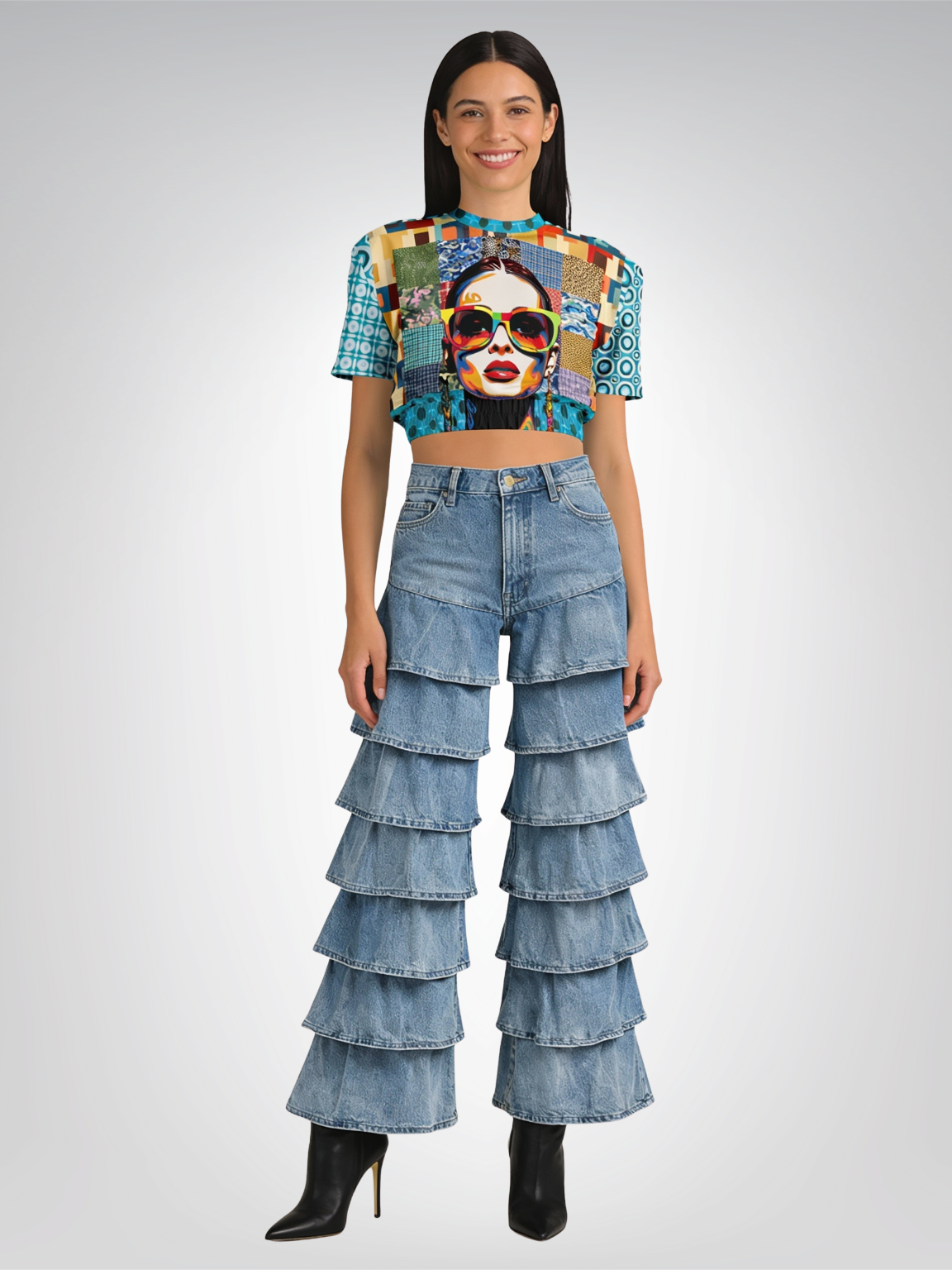 Popstar in Patchwork Fantasy Eco-Poly Short Sleeve Cropped Pullover