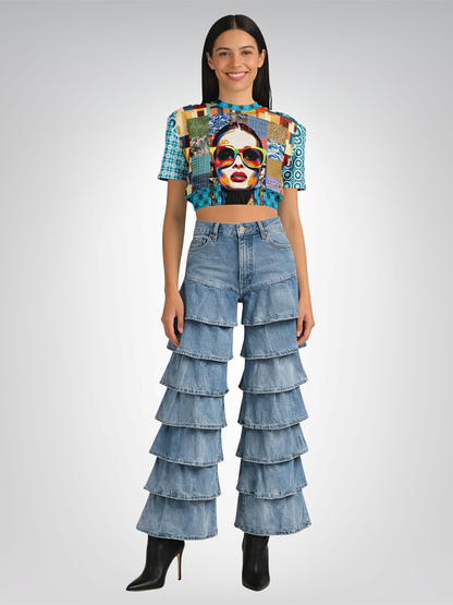 Popstar in Patchwork Fantasy Eco-Poly Short Sleeve Cropped Pullover