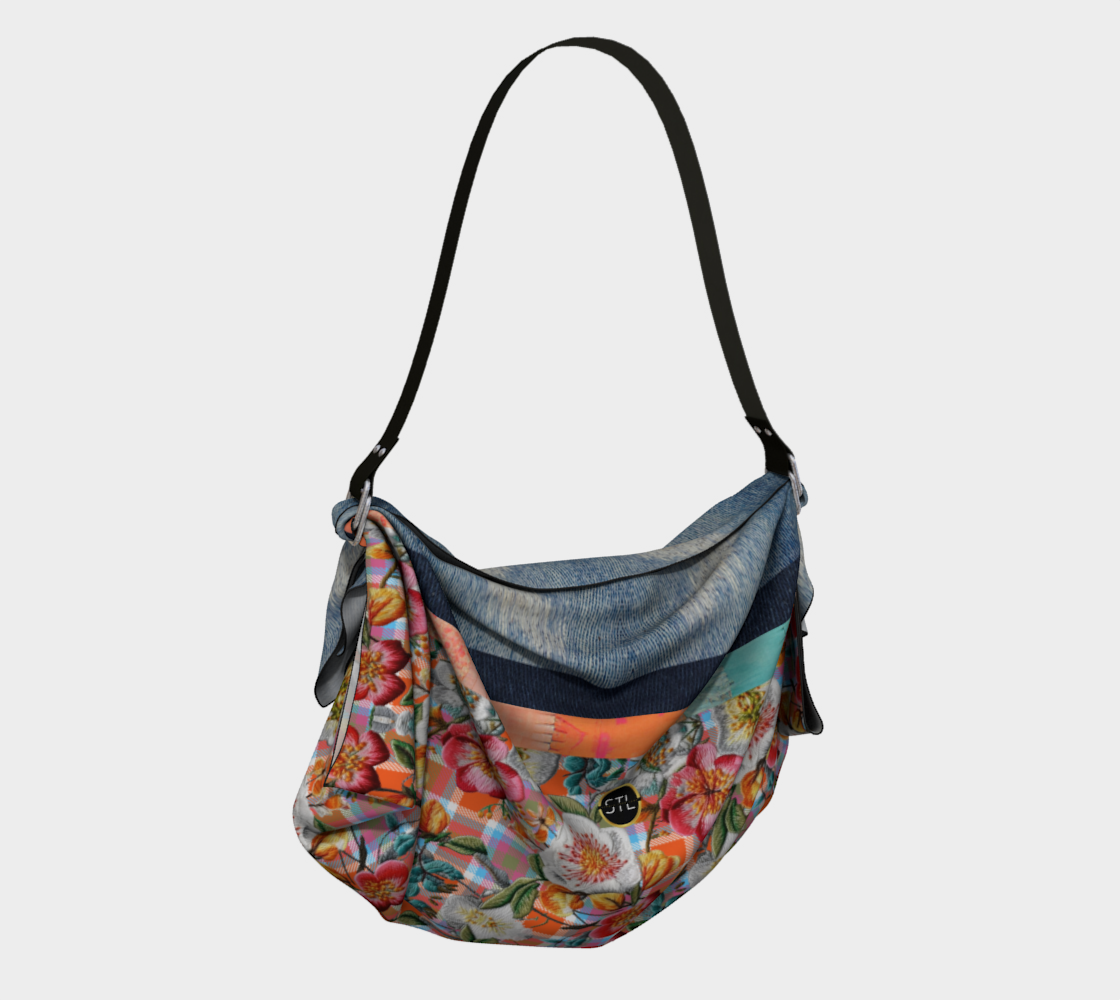 Floral Party in Orange Plaid and Denim Print Hobo Scarf Bag