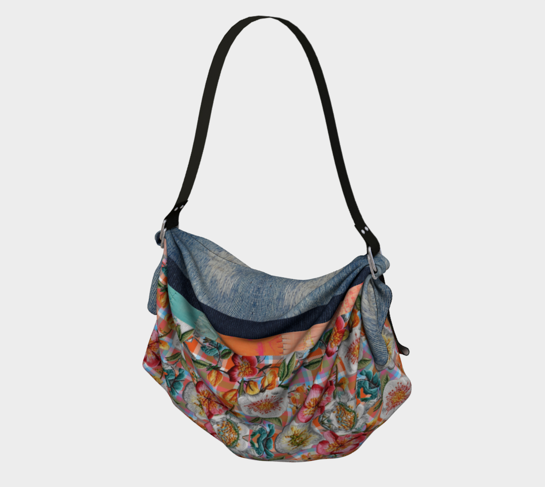 Floral Party in Orange Plaid and Denim Print Hobo Scarf Bag